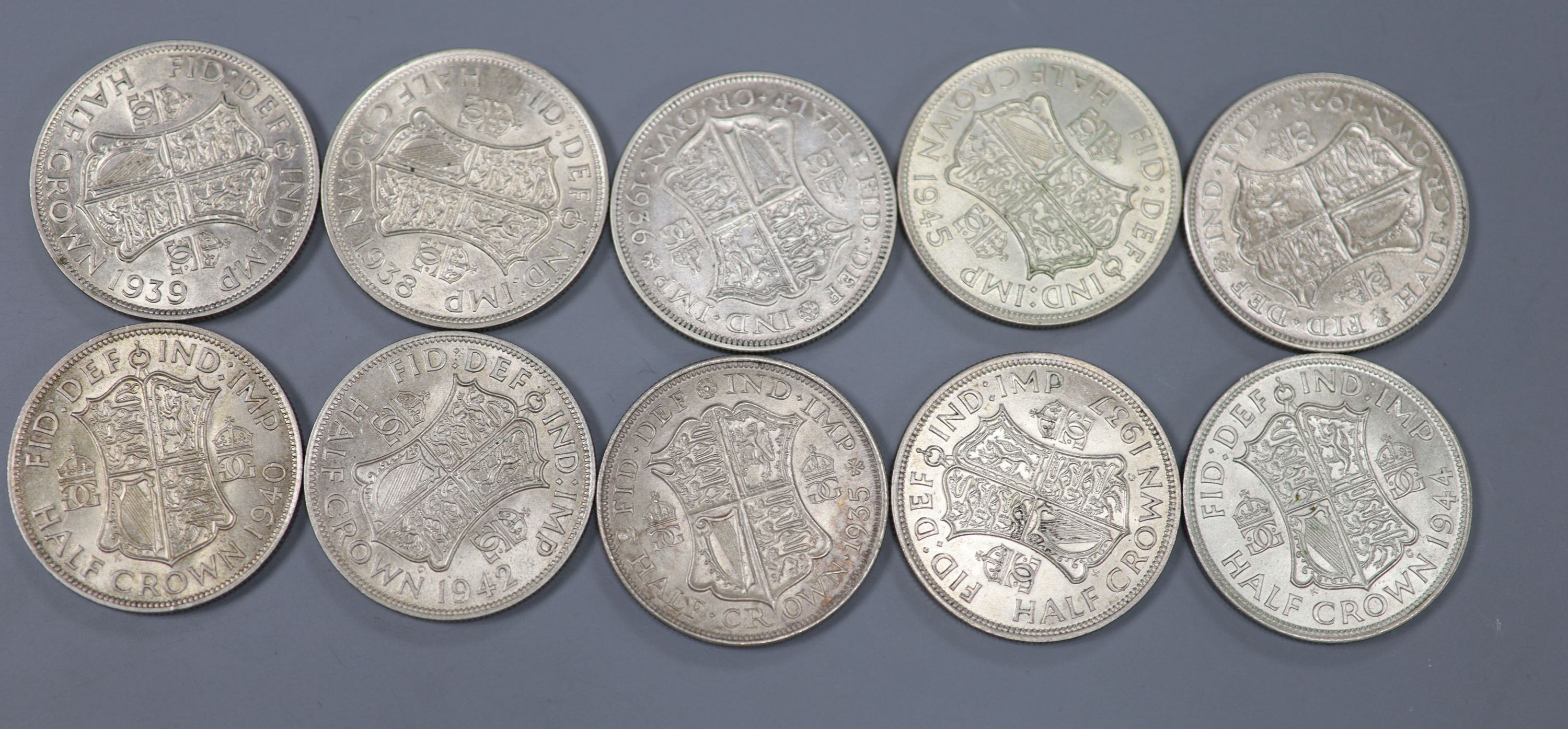 Ten George V and VI halfcrowns, 1928 GVF, 1935 GVF, 1936 VF,1937, GVF, 1938, AEF, 1939, GVF, 1940, AEF, 1942 GVF, 1944 GVF, 1945 AEF,